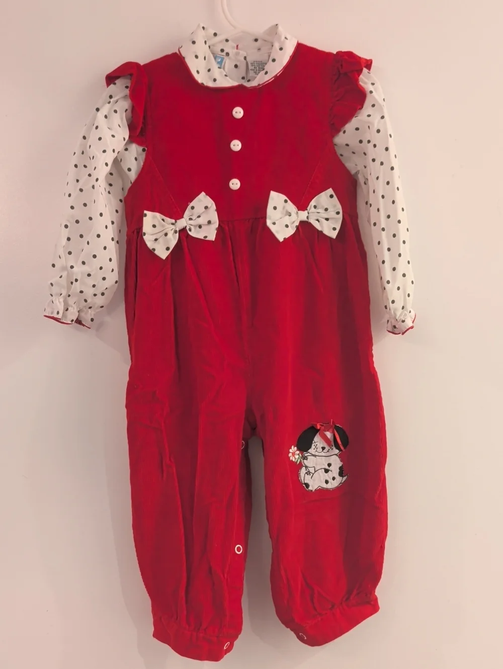Vintage Small Steps Red Corduroy And Polka Dot Puppy Jumper Matching Set